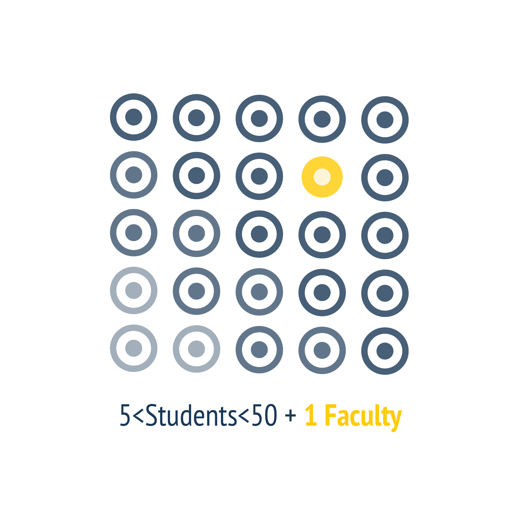 Student to Faculty Ratio Grid of 25 navy circles with one yellow circle in the second row. Caption says between 5 and 50 students plus 1 faculty.