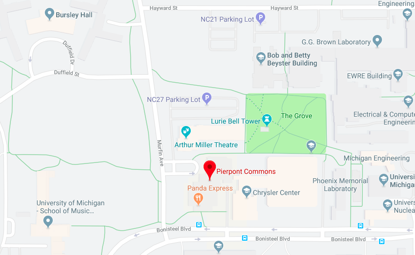 A map of North Campus with a pin on Pierpont Commons.