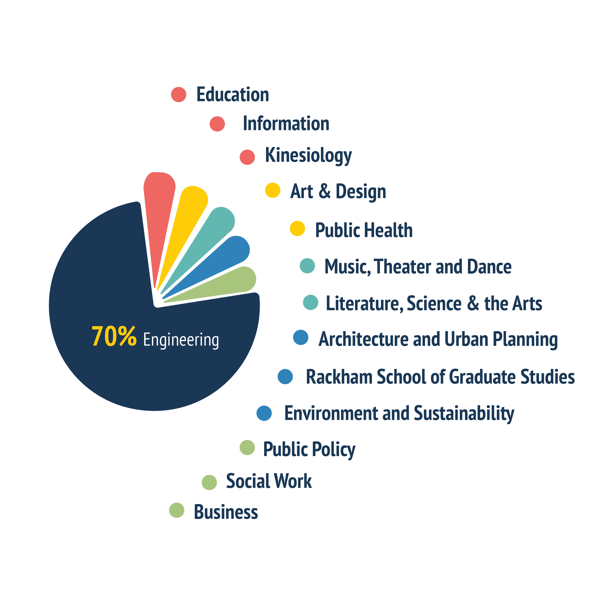 Pie chart with 70% representing "Engineering," and remaining 30% divided among 13 other university departments.