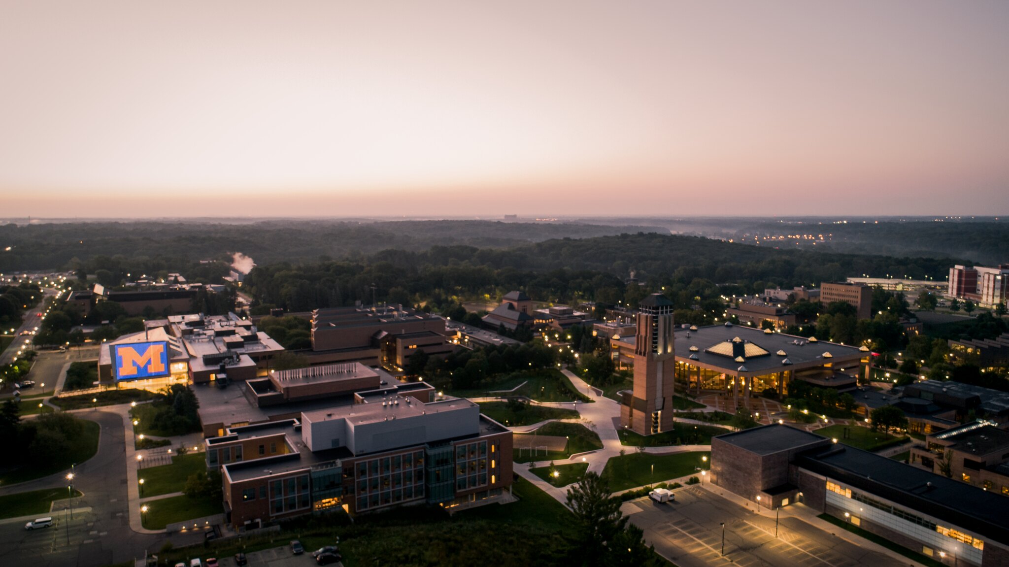 Aerial view of University of Michigan North Campus at sunset